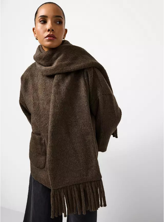 Brown Short Scarf Coat  XL | Tu Clothing