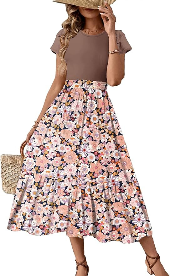 Dokotoo Women's Summer 2025 Maxi Dress Ruffle Short Sleeve Casual Floral Print Long Flowy Dresses... | Amazon (US)