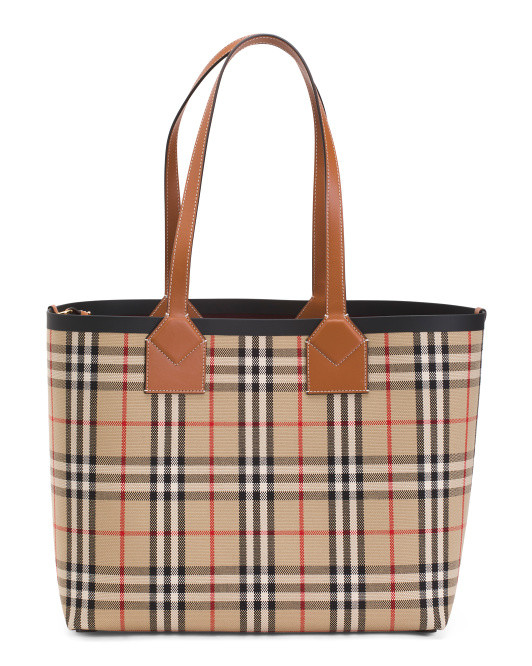 Made In Italy signature check and leather trim london tote with pouch | TJ Maxx