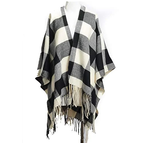 TD Collections Women's Woven Buffalo Plaid Ruana Poncho Wrap Shawl (Black/Whote) | Walmart (US)