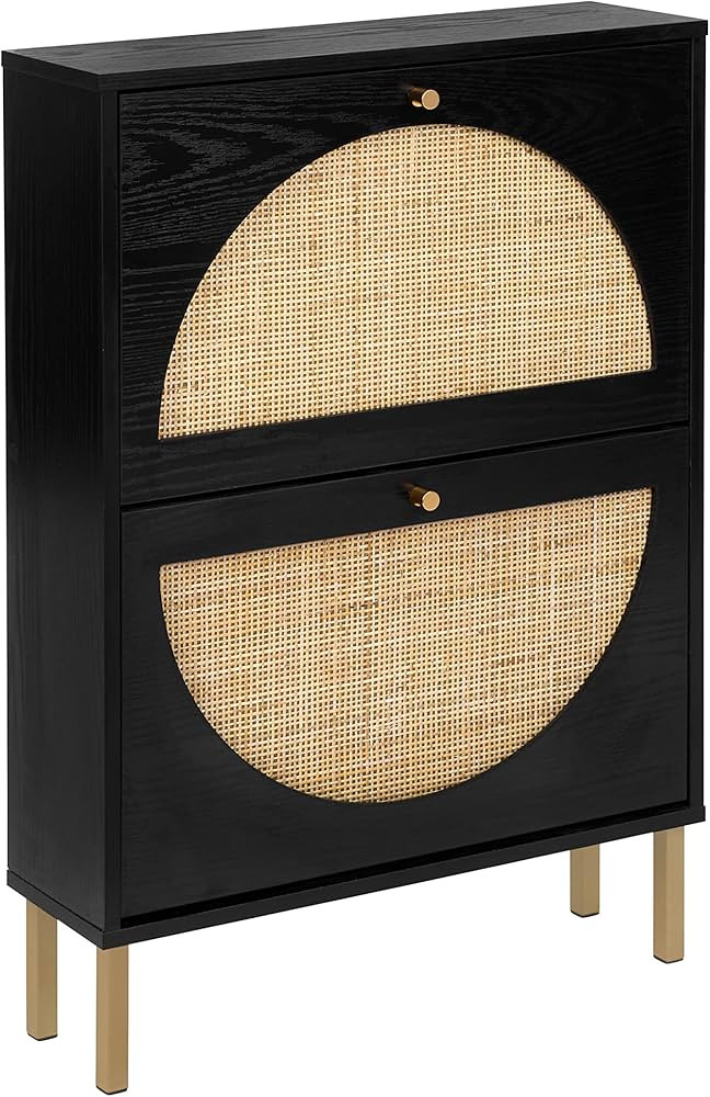 Natural Rattan Shoe Cabinet with 2 Flip Drawers, Black Free Standing Storage Racks with Metal Leg... | Amazon (US)
