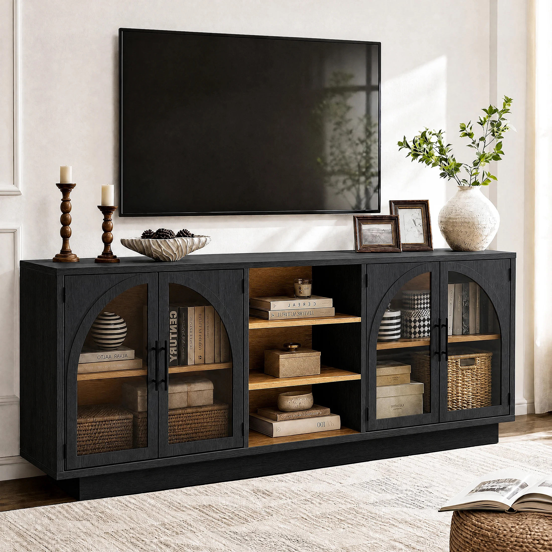 GUNAITO TV Stand for TVs up to 70", Modern entertainment center with storage functionality, Glass... | Walmart (US)