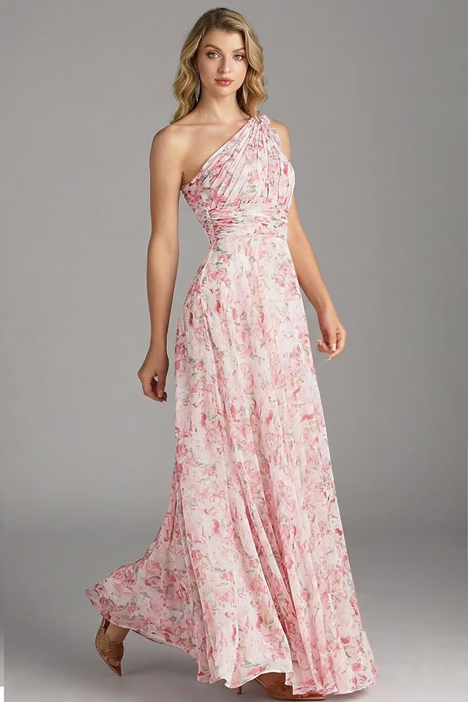 Floral Bridesmaid Dresses for Women A Line Pleated Chiffon Long Evening Gown Formal Wedding Guest... | Amazon (US)