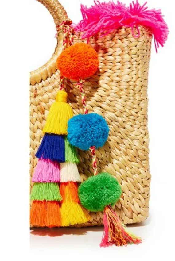 Tassel Pompoms for handbags, Straw bag tassel charm, Beach bag Pom decor, Tote Bag Tassel Pom Pom De | Etsy (US)