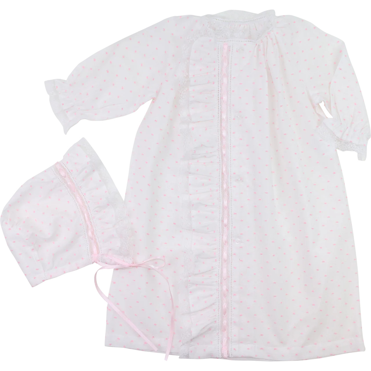 Pink Swiss Dot Heirloom Ribbon Baby Gown And Bonnet | Cecil and Lou