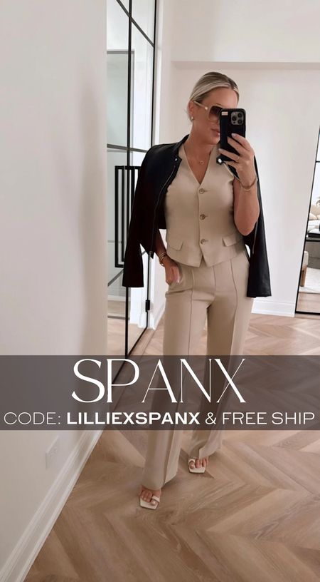 SPANX chic outfit. Such an effortless look. I’m wearing smalls in all. Pants come in short, reg, tall. 
10% off & free ship code: LILLIEXSPANX 

Work outfit. Date night. Vest. Trousers. Leather jacket. 

#LTKfindsunder100 #LTKSeasonal #LTKstyletip