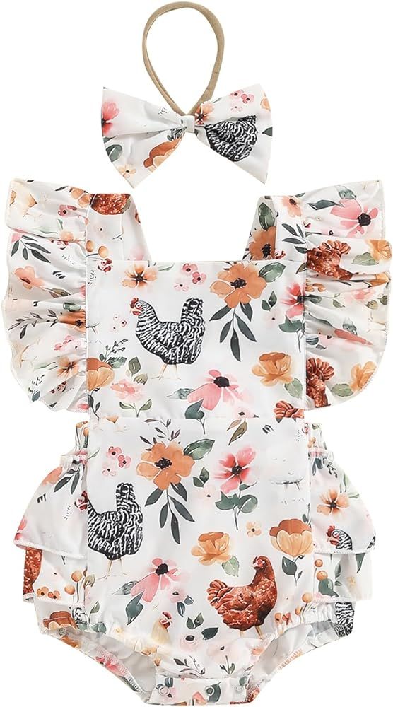 Karuedoo Newborn Baby Girl Farm Outfit Chicken Print Ruffle Sleeveless Romper Jumpsuit Bodysuit w... | Amazon (US)