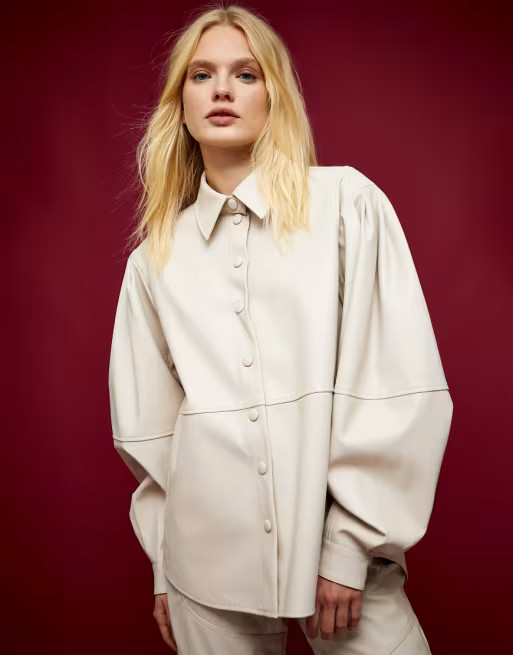 Topshop IDOL faux leather shirt in cream | ASOS (Global)