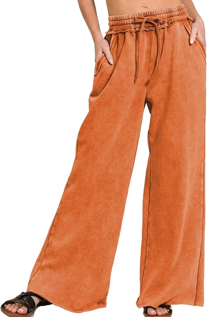 Ainangua Women Acid Wash Palazzo Sweatpants Casual High Waist Drawstring Wide Leg Pants Baggy Fle... | Amazon (US)