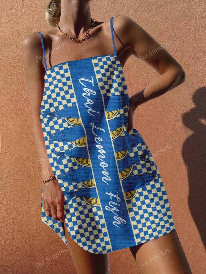 Summer Boho Casual Vacation Fashion Beach Ladies Lemon Fish Letters Two-Tone Plaid Print Halter S... | SHEIN