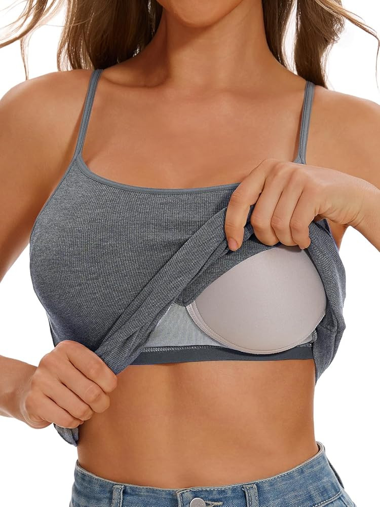 Womens Camisole Tank with Built in Bra Ribbed Camisole Tops Spaghetti Straps Tank Tops | Amazon (US)