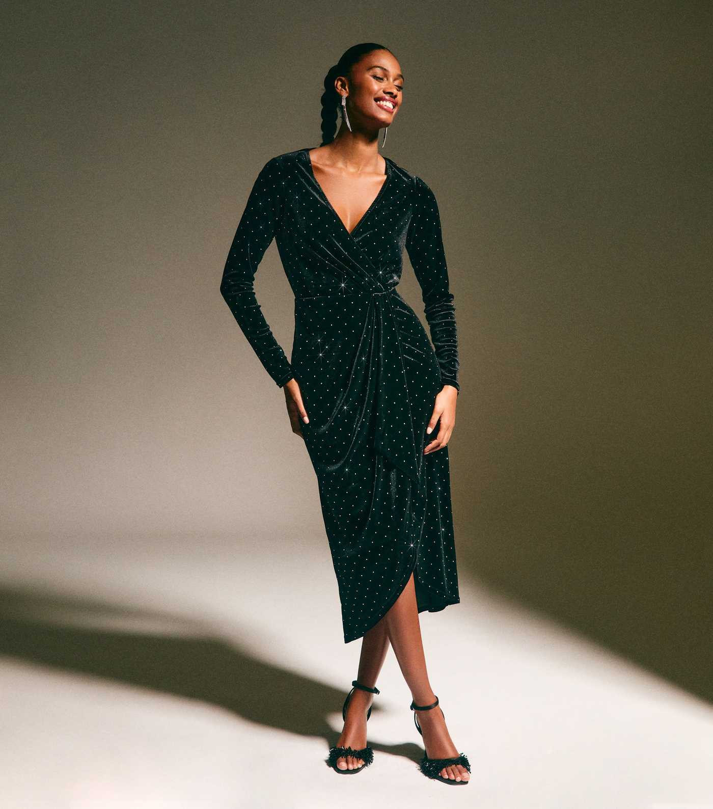 Black Velvet Diamante Embellished Wrap Midi Dress | New Look | New Look (UK)