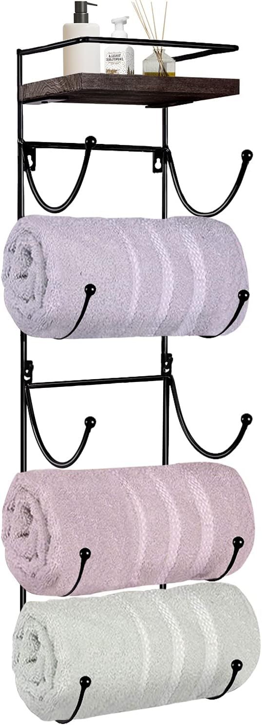 Towel Rack Wall Mounted with Top Shelf,Towel/Wine Rack Holder Organizer with 5 Compartments and T... | Amazon (US)