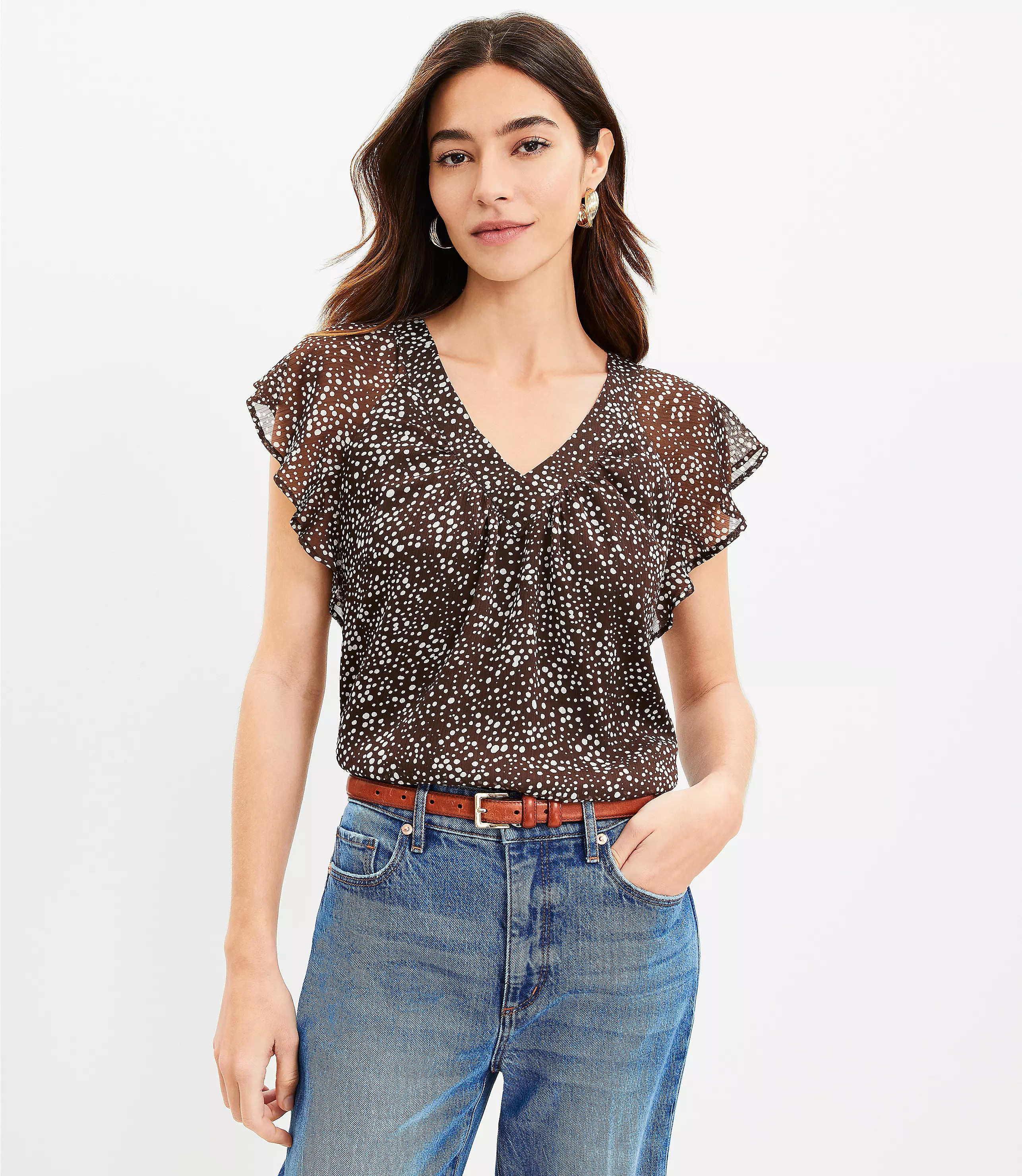 Dotted Flutter V-Neck Top | LOFT