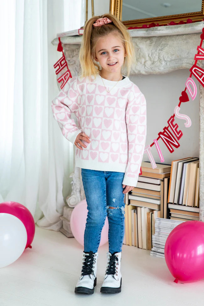 Kid's Loving You Is Easy Pink Checkered Heart Sweater | Pink Lily
