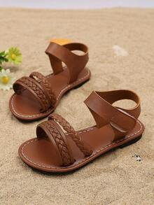 1 Pair Infant/Toddler Girls' Woven Roman Sandals, Round Toe, Thick Elastic Strap Design, Flat & C... | SHEIN