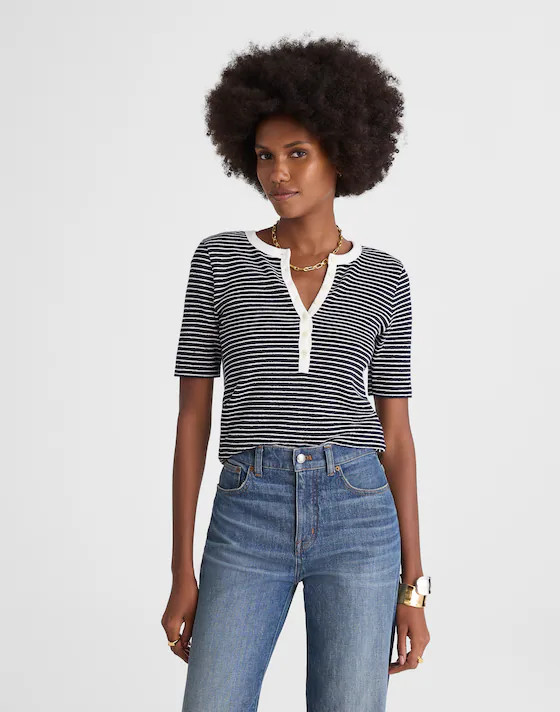 Striped Elbow-Sleeve Henley Tee | Madewell | Madewell
