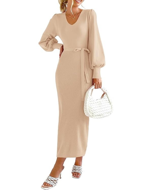 PRETTYGARDEN Women's 2023 Fall Knit Pullover Sweater Elegant Long Lantern Sleeve V Neck Maxi Dres... | Amazon (US)