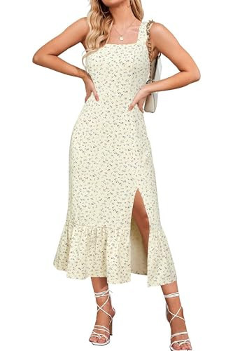 Newshows Womens 2025 Summer Beach Floral Midi Dress Spring Vacation Outfits Square Neck Ruffle Split Sundress(Red Blue Floral,M) | Amazon (US)