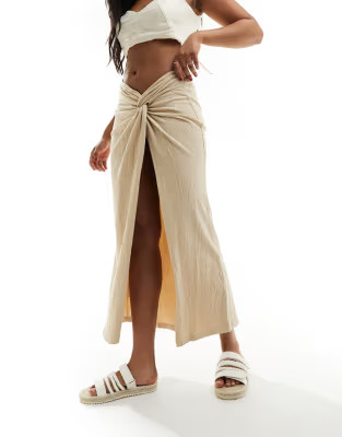 ASOS DESIGN textured sarong twist waist midi skirt in stone | ASOS (Global)