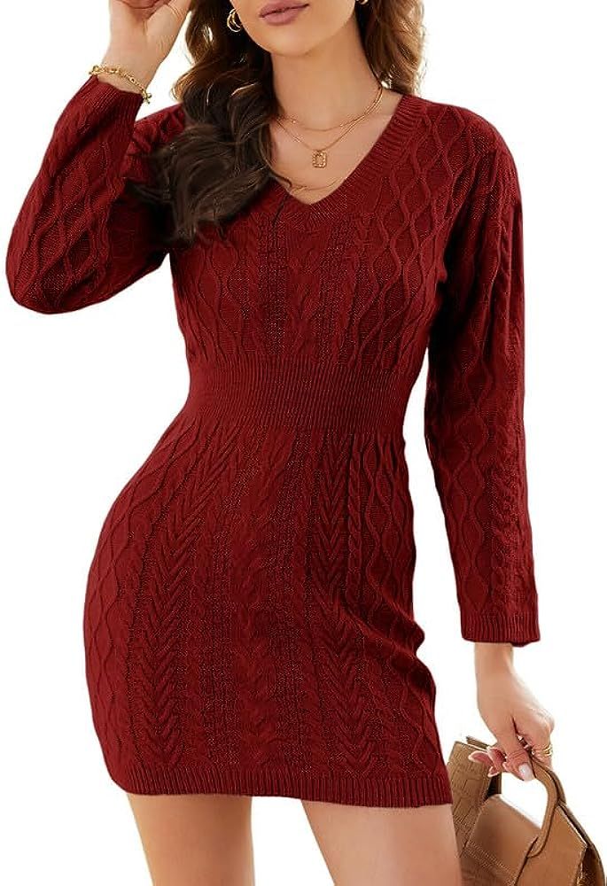 Women's 2023 Fall Sweater Dress Long Sleeve V Neck Cable Knit Chunky Bodycon Pullover Jumper Swea... | Amazon (US)
