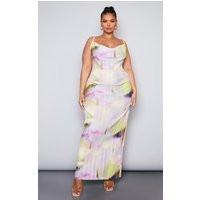 Plus Lilac Watercolour Printed Plisse Cowl Neck Maxi Dress, Lilac | PrettyLittleThing IE