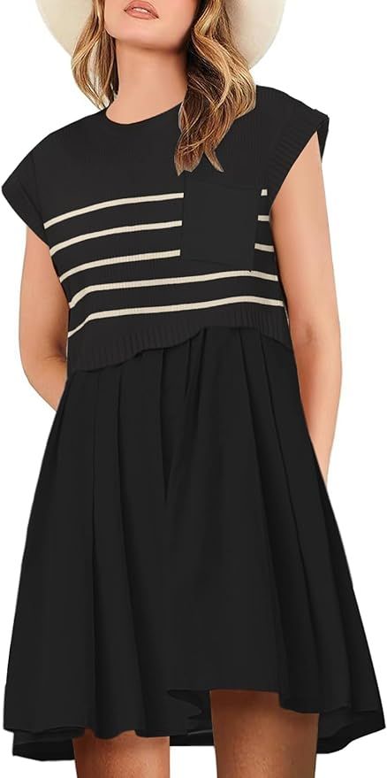 Womens Dresses Striped Knit Top Pleated Loose Swing Mini Short Sleeve Dress 2024 Trendy | Amazon (US)