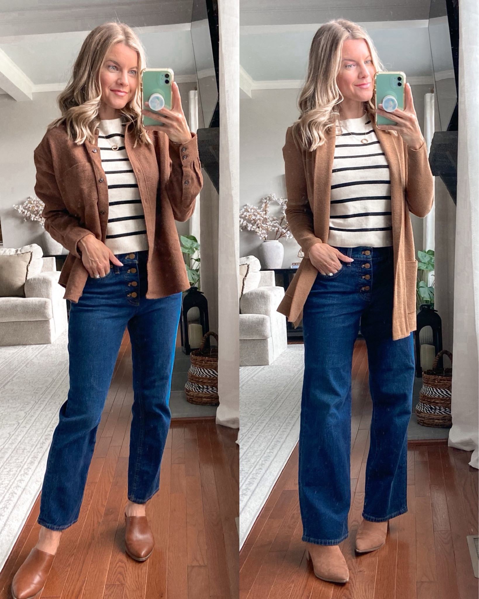 Elevated Casual Outfits
Striped sleeveless sweater
Wide leg jeans
Sweater Blazer or Shacket