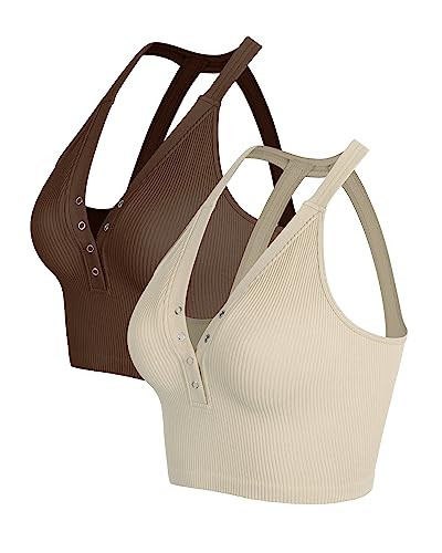 ODODOS 2-Pack Seamless Henley Crop for Women Open Back Ribbed Tank Button-up Cropped Top | Amazon (US)