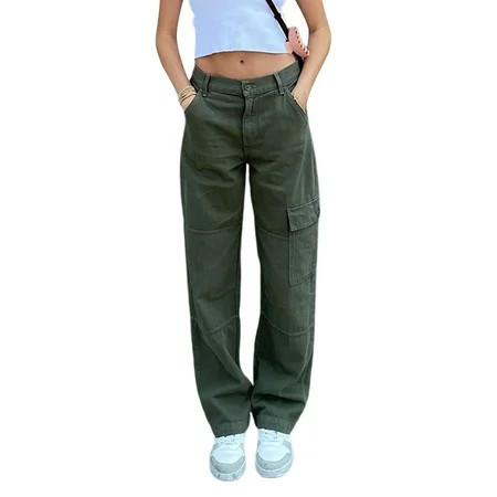Women Denim Pants Pockets High Waist Casual Street Green Trousers | Walmart (US)