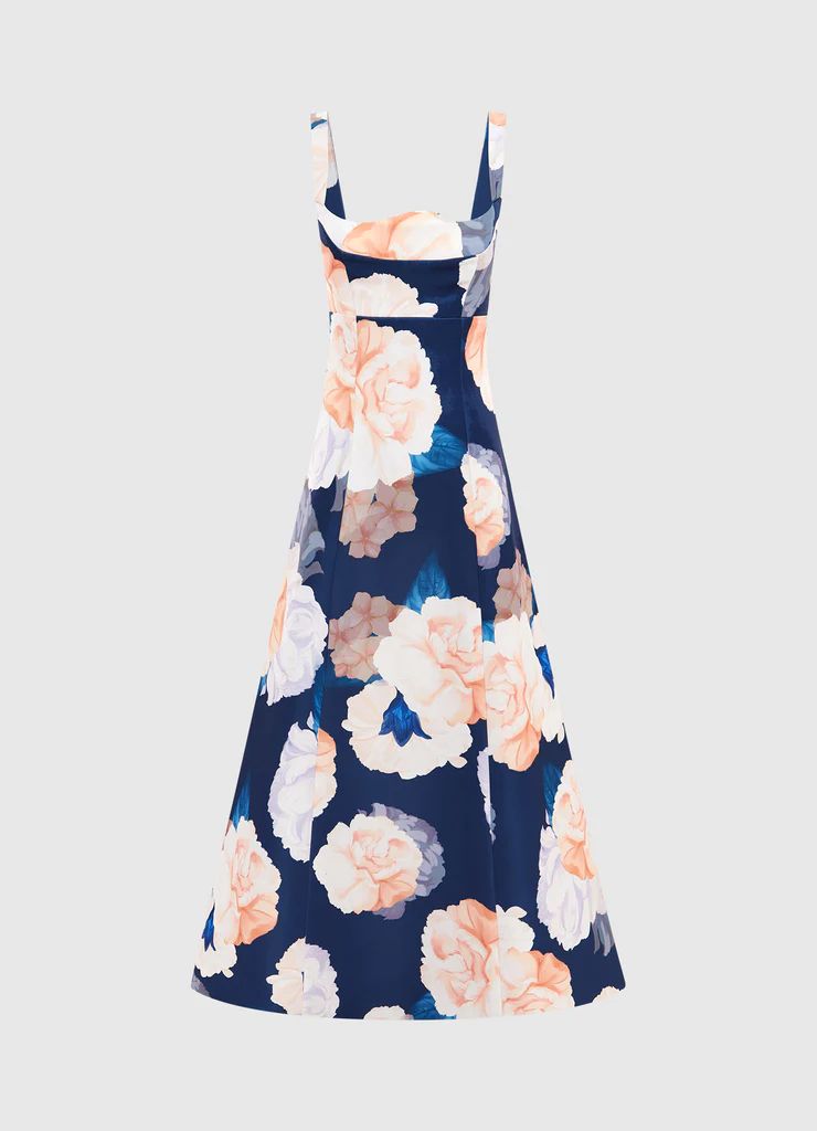 Odette Midi Dress - Rosebud Print in Navy | LEO LIN