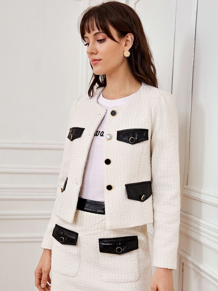 Buttoned Front PU Flap Detail Tweed Jacket | SHEIN
