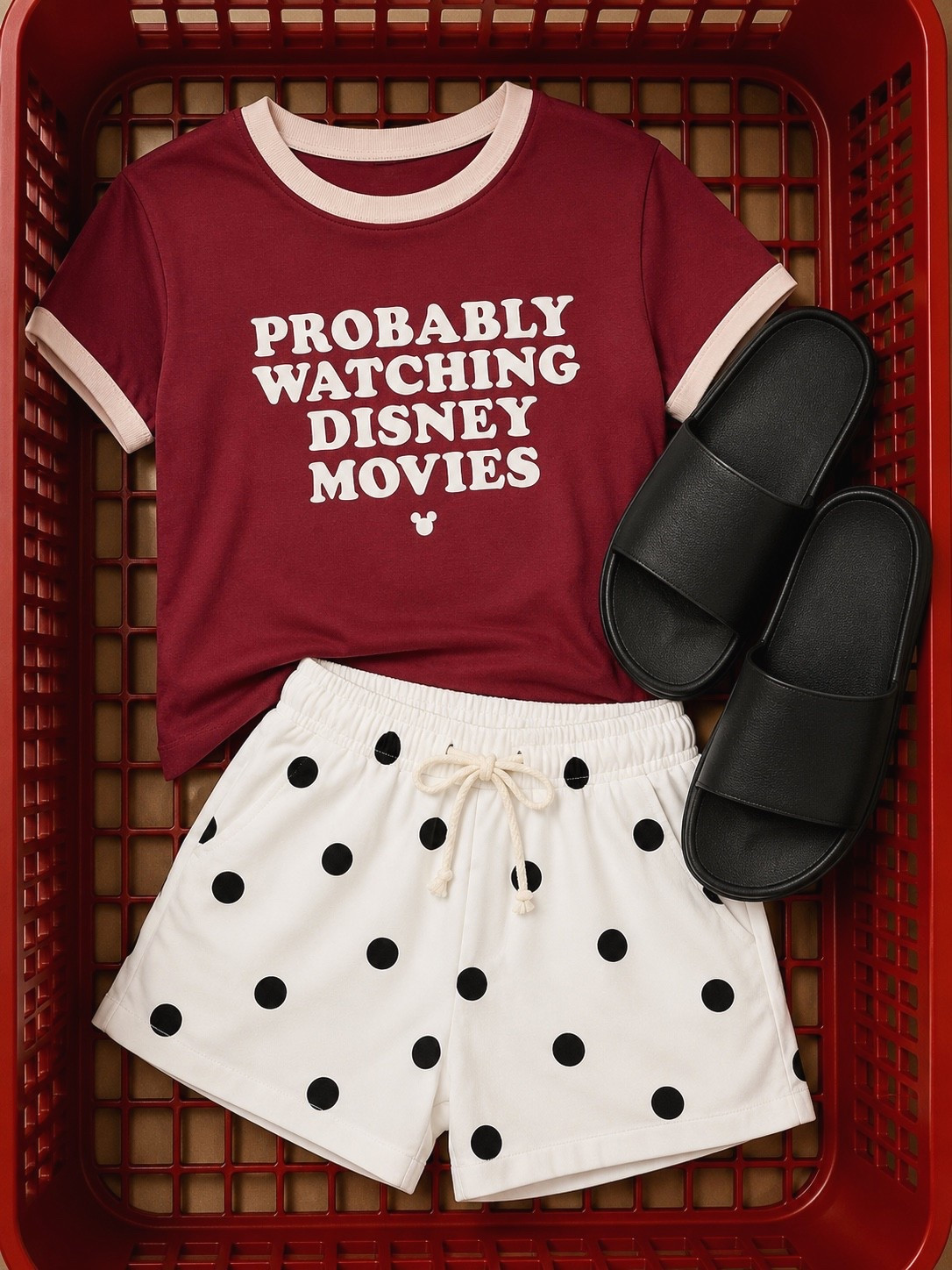 Target Summer Loungewear Outfit Ideas cute Disney maroon graphic tshirt, comfy polka dot pull on cotton shirts, and All in Motion soft black slides  @Target #target #targetstyle #disneyoutfit #disneyapparel #newattarget #targettees #disneytees #summeroutfitideas #ootd #loungewearoutfit

#LTKgrwm #LTKootd #LTKTravel
