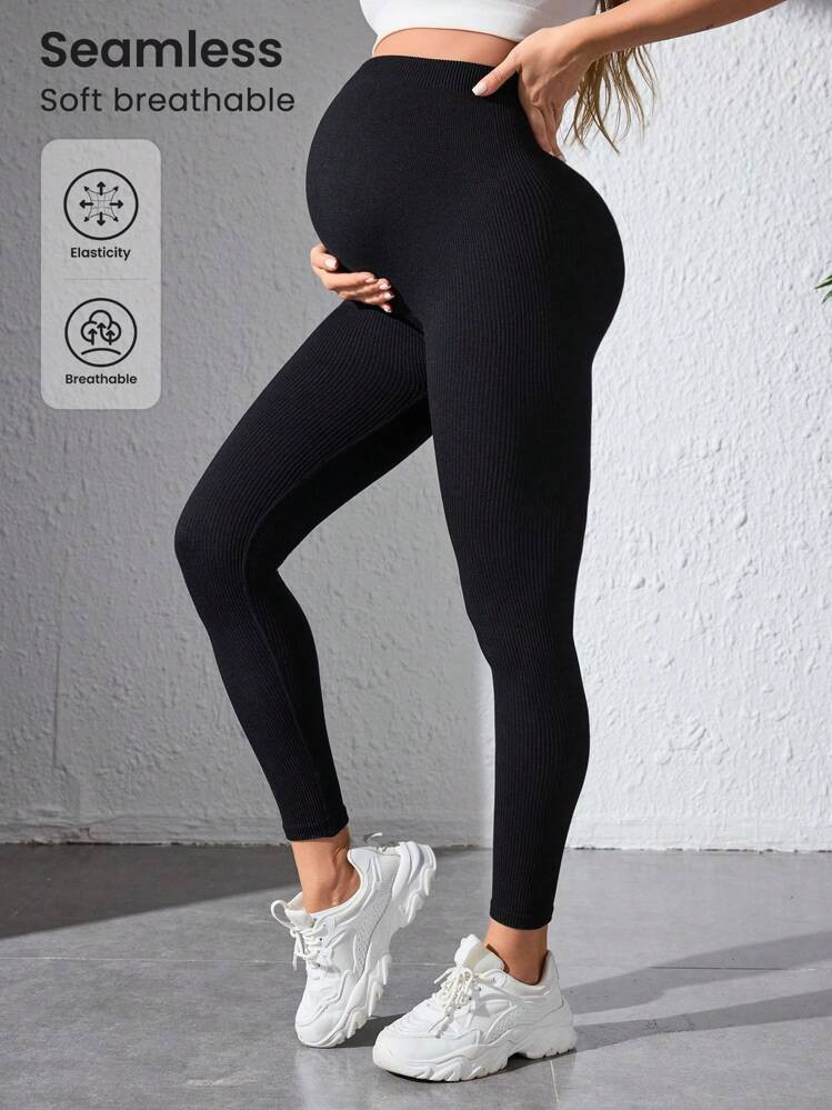 SHEIN Black Seamless Maternity Sports Leggings | SHEIN