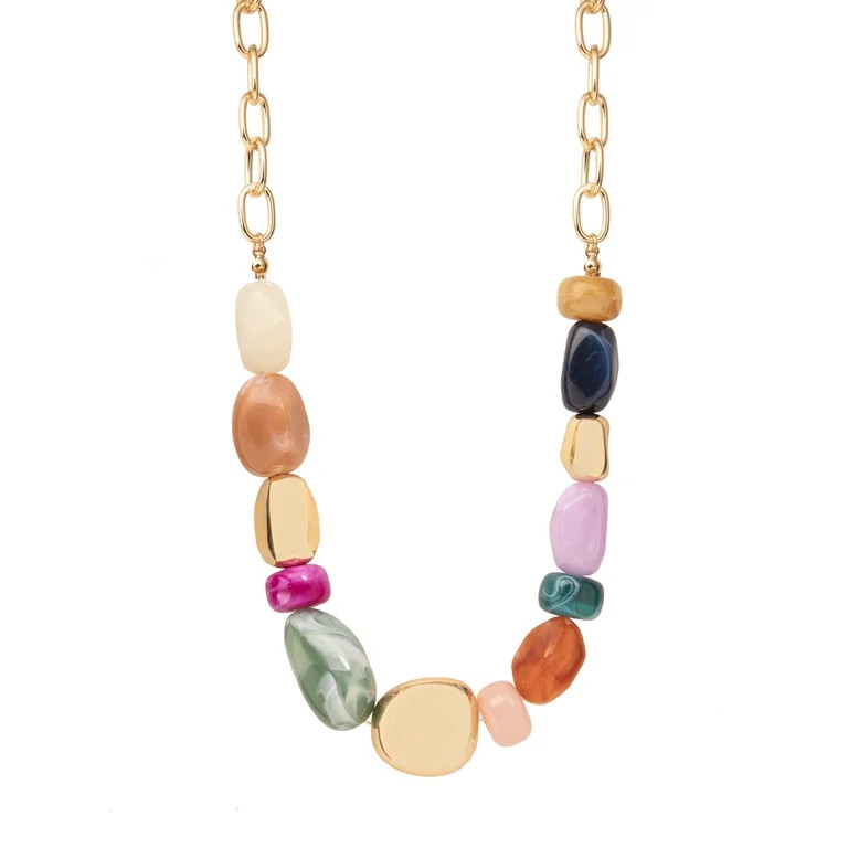 Time and Tru Women's Gold Tone Statement Necklace with Colorful Beads and Chain Detail | Walmart (US)