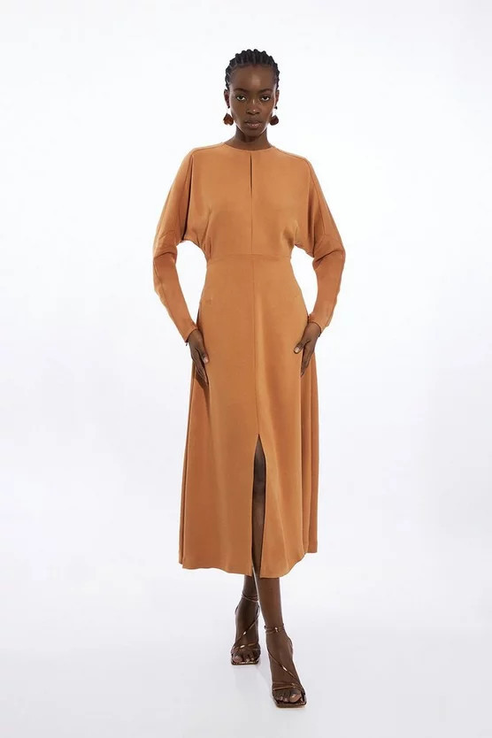 Petite Viscose Crepe Long Sleeve Midi Dress | Karen Millen UK + IE + DE + NL