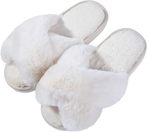 Evshine Women's Fuzzy Slippers Cross Band Soft Plush Open Toe House Slippers Anti-Skid Cozy Memor... | Amazon (US)