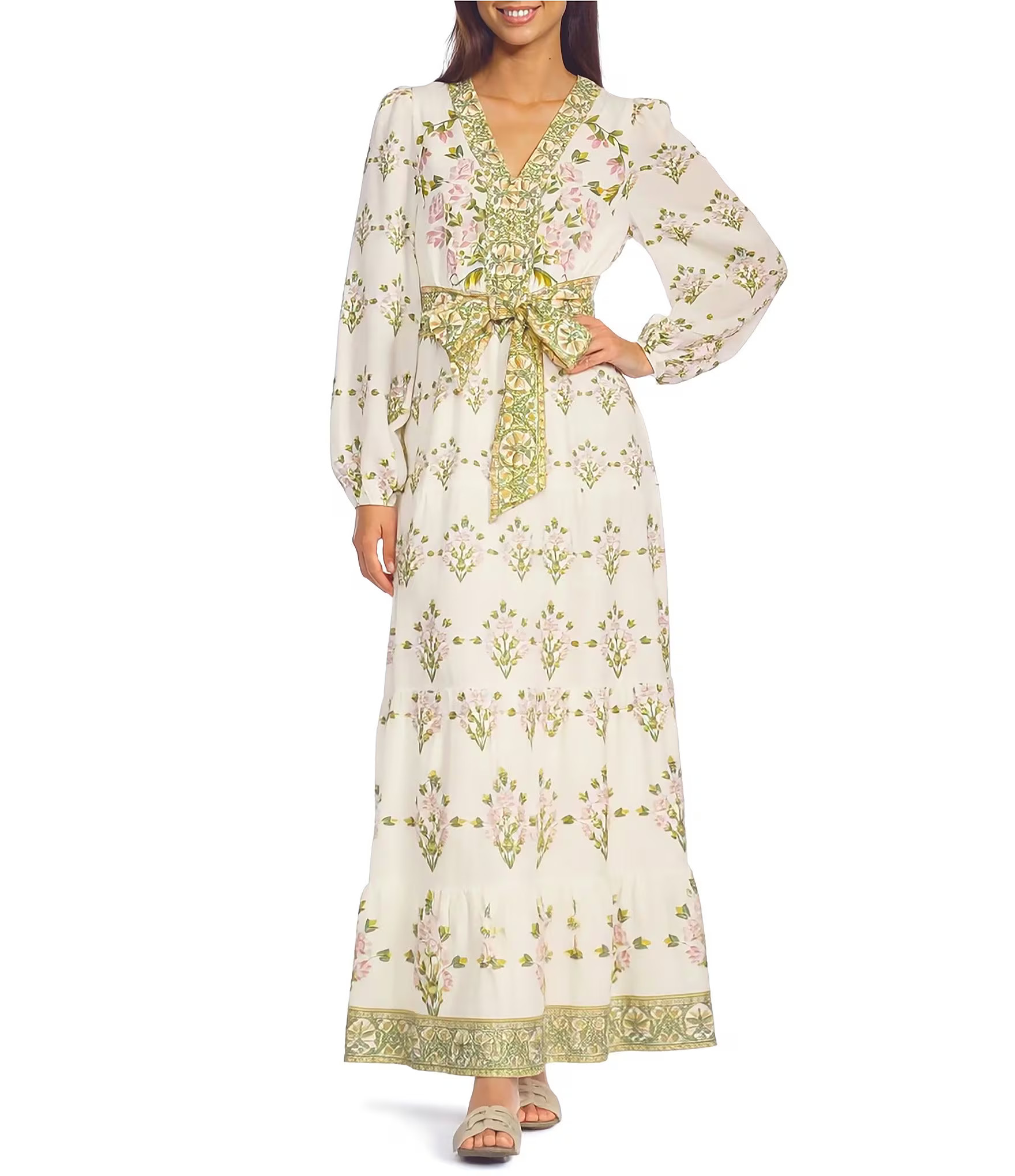 Floral Printed Long Sleeve V-Neck Self Tie Maxi Dress | Dillard's