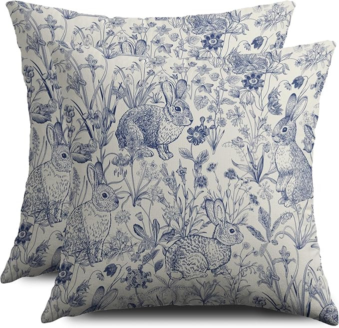 Easter Spring Blue Pillow Covers 18X18 Set of 2, Vintage Flower Rabbit Bunny Floral Botanical Pri... | Amazon (US)