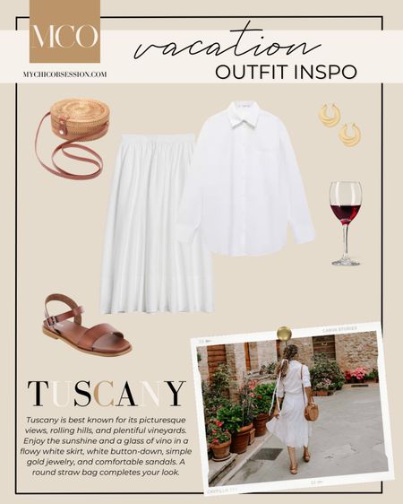 Tuscany is best known for its picturesque views, rolling hills, and plentiful vineyards. Enjoy the sunshine and a glass of vino in a flowy white skirt, white button-down, simple gold jewelry, and comfortable sandals. A round straw bag completes your look. 

#LTKeurope #LTKtravel #LTKstyletip
