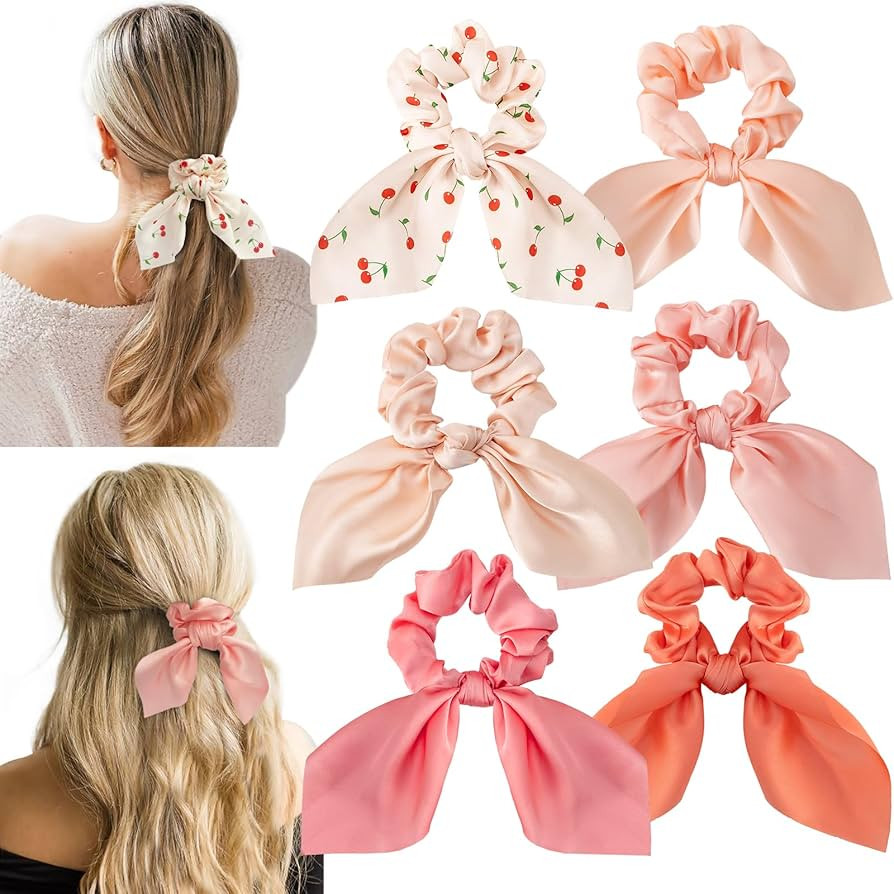 6 PCS Bow Silk Scrunchies, Hair Ties with Bows, Hair Scrunchies for Women Girls, Knotted Bow Silk... | Amazon (US)
