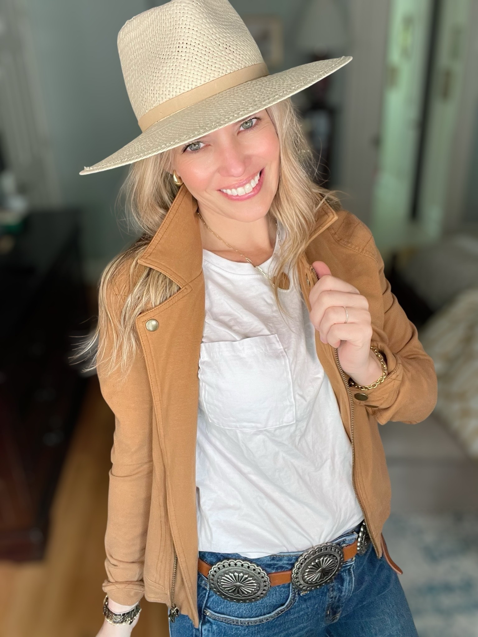 Western chic with a polished twist 🤠✨ I styled a camel suede moto jacket over a classic white tee and straight-leg denim for an effortless fall outfit. A concho western belt pulls it all together, while a straw hat adds that laid-back vibe. To finish, I went with leopard heels for a fun, feminine touch 🐆.

This look is perfect for fall outings—whether it’s a casual day in town, a fall festival, or just elevating your weekend style. Add gold jewelry and a statement watch for a little extra shine.

🛍️ Shop the full outfit here:
	•	Amazon camel moto jacket
	•	Walmart Free Assembly denim
	•	Walmart Time & Tru tee
	•	Janessa Leone straw hat
	•	Amazon concho western belt
	•	Sam Edelman leopard pumps / Macy’s leopard pumps
	•	Abbott Lyon watch + Ahava jewelry

⸻

fall western outfit, western chic style, camel moto jacket outfit, fall casual chic, Walmart fall fashion, leopard heels outfit, Janessa Leone hat, Abbott Lyon jewelry, Ahava tennis bracelet, concho belt outfit, modern western fashion, fall outfit inspiration


#LTKSaleAlert #LTKFindsUnder100 #LTKFindsUnder50

#LTKFindsUnder100 #LTKFindsUnder50 #LTKOver40