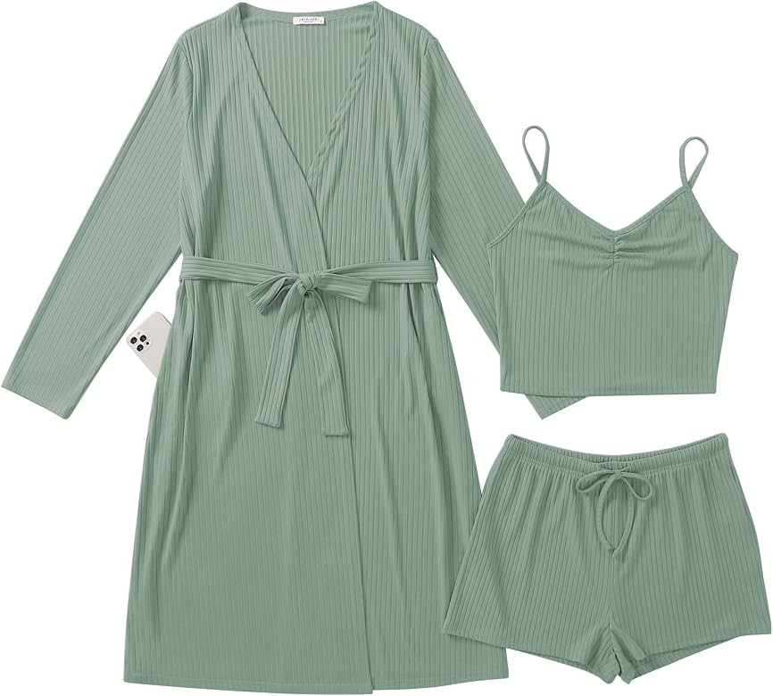 Ekouaer Women Pajamas Set 3 Piece Lounge Sets with Open Front Cardigan Pocketed Cami and Shorts P... | Amazon (US)