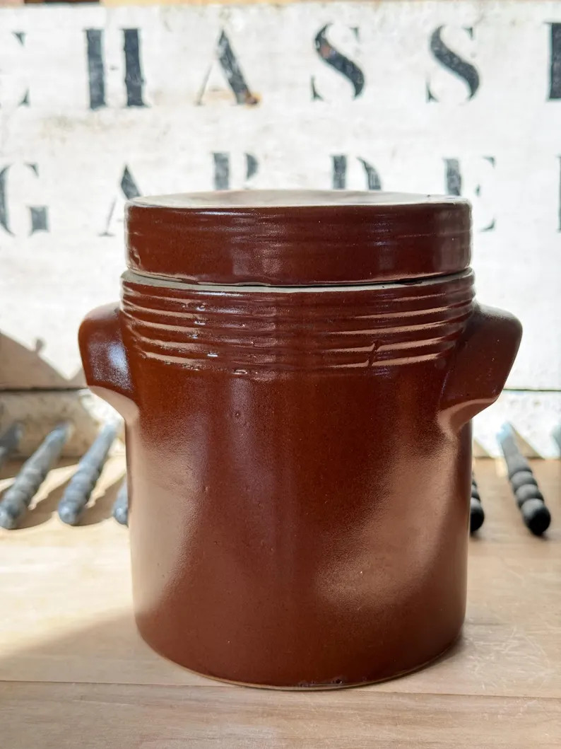 Vintage French Cornichon Jar With Lid | Brown Glazed Stoneware Pickling Crock | Antique French Pi... | Etsy (US)