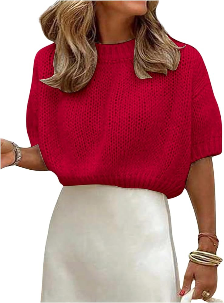 GORGLITTER Women's Puff Sleeve Crewneck Knit Shirt Top Short Sleeve Solid Loose Sweater | Amazon (US)