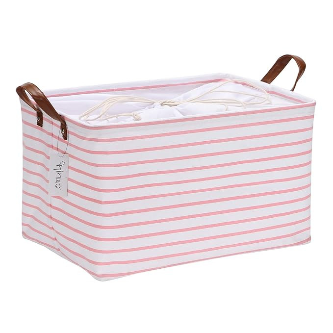 Hinwo 31L Large Capacity Storage Basket Canvas Fabric Storage Bin Collapsible Storage Box with PU... | Amazon (US)