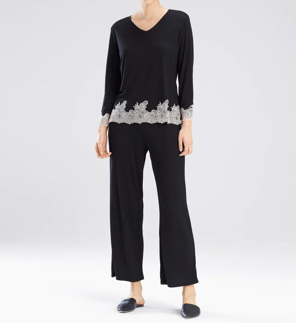 Natori Women's Luxe Shangri-La Pajama Set in Black | Size: XL | HerRoom.com | HerRoom