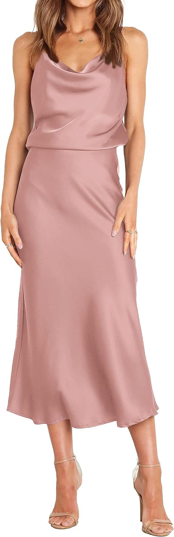WICIWI Women's Satin Slip Dress 2024 Cowl Neck Spaghetti Straps Backless Sexy Wedding Club Cockta... | Amazon (US)