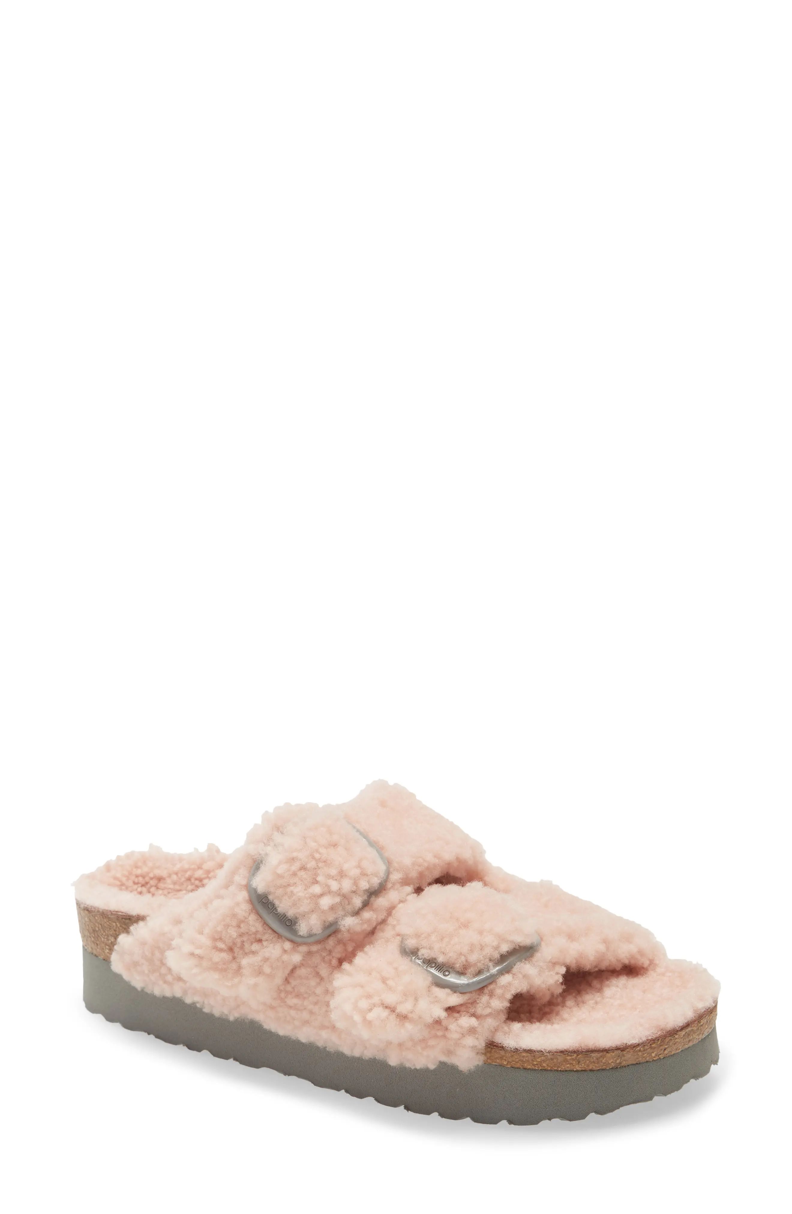 Papillio by Birkenstock Arizona Big Buckle Genuine Shearling Slide Sandal in Crystal Rose at Nordstr | Nordstrom