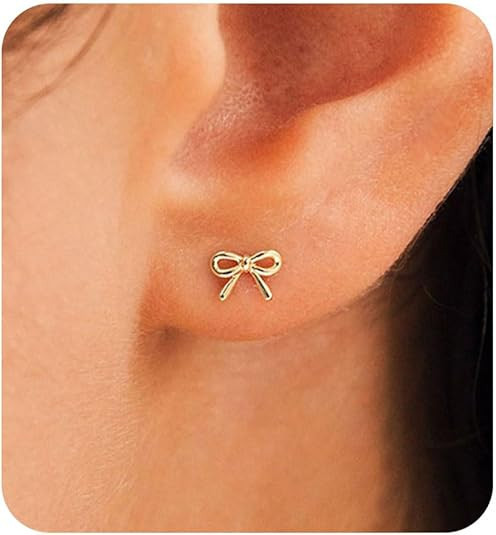 HANLI Gold Studs Earrings for Women - 14K Gold Plated Bow Stud Earrings for Women Small Ribbon St... | Amazon (US)
